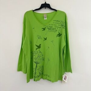 NEW Jess & Jane Dandelion Bird Graphic V-Neck Top 1X Green Artsy USA Lagenlook